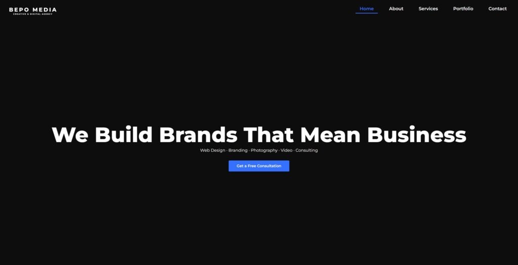 BEPO Media creative and digital agency website homepage featuring web design, branding, photography, video, and consulting services